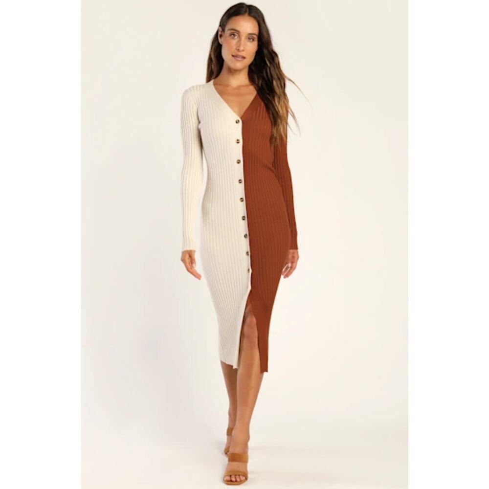 Lulus Cream And Brown Color Block Stretchy Ribbed… - image 1